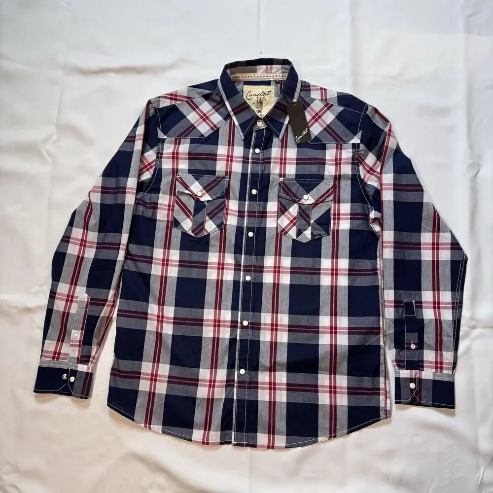 Coastal Men Sz L Button Up Shirt Large Red Navy Plaid Flannel Long Sleeve Collar